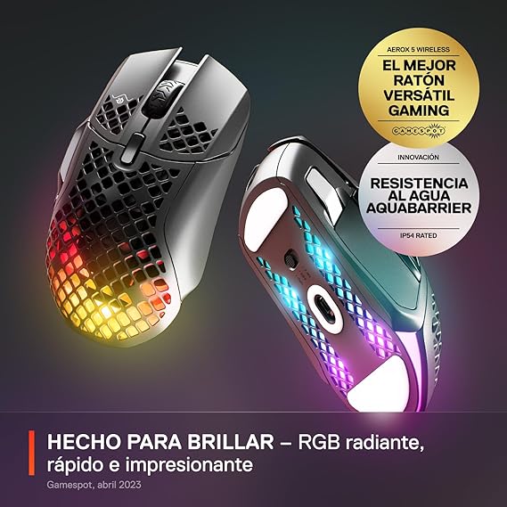 SteelSeries Aerox 5 Wireless - Ratón gaming perforado RGB - Diseño ultraligero resistente al agua - 9 botones - Bluetooth/2,4 GHz - Sensor óptico TrueMove Air 18K DPI - Imagen 2