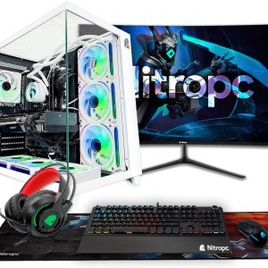 Nitropc - Pack Diamond Plus | PC Gaming completo (AMD Ryzen 7 7700X 4.5GHz, RTX 5060 Ti 16GB, RAM 32GB, M2 1TB, Windows 11 PRO, RGB | WiFi monitor curvo 27" teclado ratón cascos) PC sobremesa (Blanco)