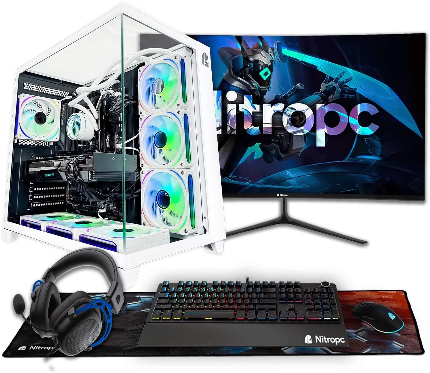Pack Nitro Plus | PC Intel i9 12900K 16/24 5.2 GHz, RTX 5070 de 12 GB, 32 GB de RAM, M2 de 2 TB, Windows 11, RGB | Wi-Fi, monitor curvo 27 PULGADAS teclado, ratón y cascos COLOR blanco