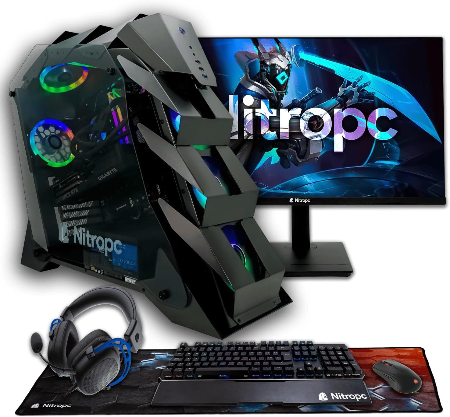 NitroPC Pack Nitro PC Completo (Intel Core i9 14900K 24/32 6.0GHz, RTX 5070 Ti 16GB 3X, RAM 32GB RGB, M2 2TB, W11 | WiFi, Monitor Curvo 27", Teclado, Ratón, Cascos)