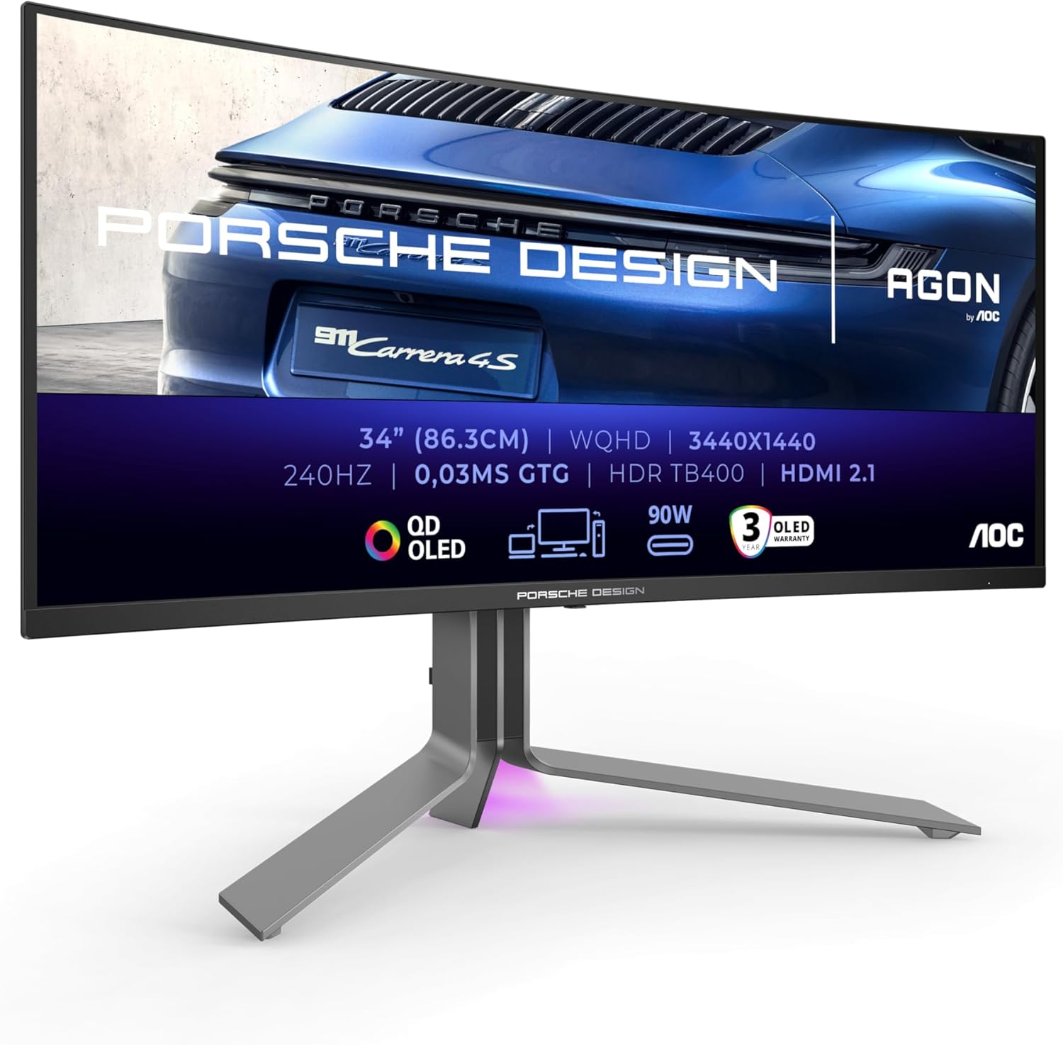 Monitor AOC AGON Pro PD34 OLED WQHD 34 Pulgadas 240 Hz, 0,03 ms (3440x1440, 2x HDMI 2.1, DisplayPort, USB-C Hub USB) Negro